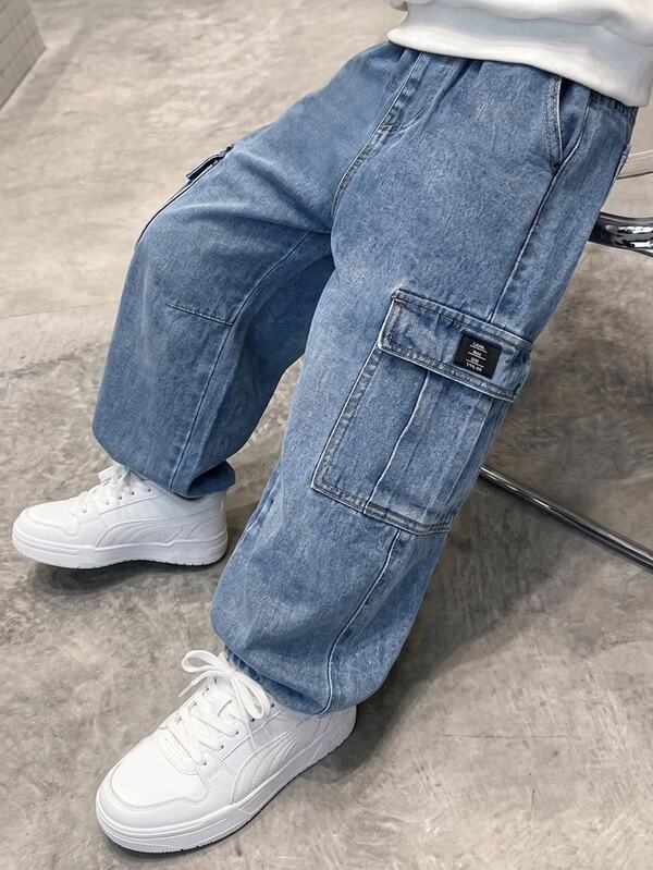 Jeans sueltos de color azul con etiqueta para niño preadolescente, estilo básico, simple y cómodo, negro para ir a la escuela
