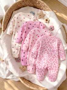 [4 Styles, Shipped Randomly] Light Pink Leopard & Floral Print Baby Jumpsuit Long-Sleeve Sleepwear, Sweet & Minimalist Style - White - View 2