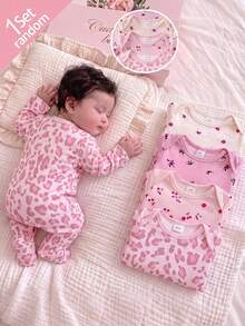 [4 Styles, Shipped Randomly] Light Pink Leopard & Floral Print Baby Jumpsuit Long-Sleeve Sleepwear, Sweet & Minimalist Style - White - View 1