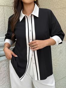 Easura Plus Size Elegant Long Sleeve Button-Front Contrast Color Commuter Women's Shirt Fall - Black and White - View 7