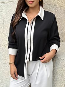 Easura Plus Size Elegant Long Sleeve Button-Front Contrast Color Commuter Women's Shirt Fall - Black and White - View 6