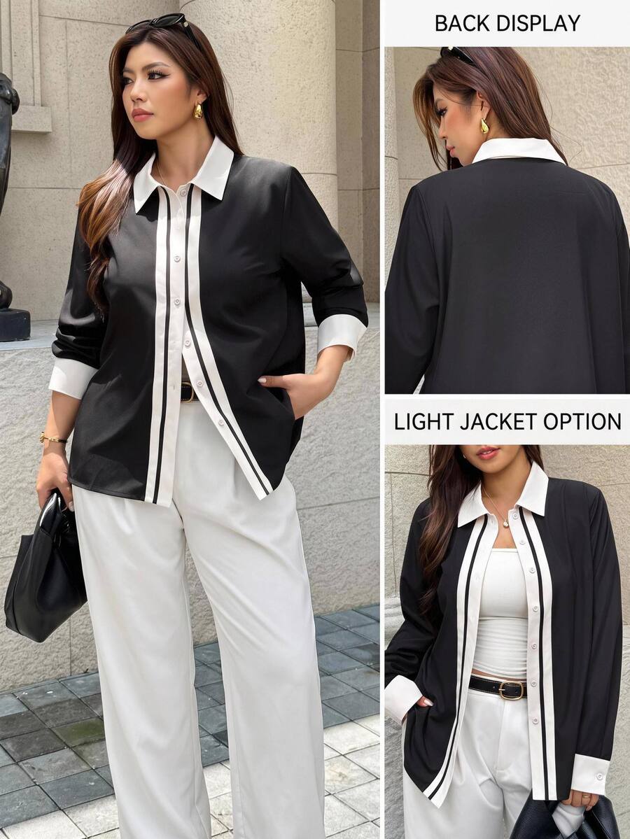 Easura Plus Size Elegant Long Sleeve Button-Front Contrast Color Commuter Women's Shirt Fall - Black and White - View 1