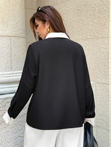 Easura Plus Size Elegant Long Sleeve Button-Front Contrast Color Commuter Women's Shirt Fall - Black and White - View 2