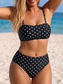SHEIN Swim Setelan Baju Renang 2 Potong Atasan Tank Top dan Bawahan Bikini Motif Polkadot Ukuran Besar, Pakaian Pantai Musim Panas Gaya Safari 1920-an - MultiWarna - View 9