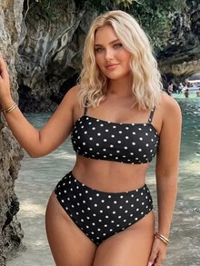 SHEIN Swim Setelan Baju Renang 2 Potong Atasan Tank Top dan Bawahan Bikini Motif Polkadot Ukuran Besar, Pakaian Pantai Musim Panas Gaya Safari 1920-an - MultiWarna - View 5