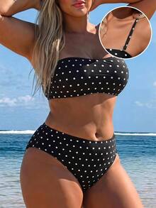 SHEIN Swim Setelan Baju Renang 2 Potong Atasan Tank Top dan Bawahan Bikini Motif Polkadot Ukuran Besar, Pakaian Pantai Musim Panas Gaya Safari 1920-an - MultiWarna - View 2