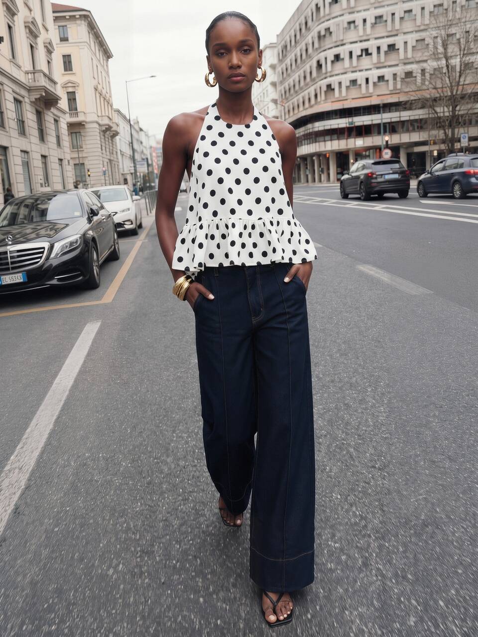 SHEIN Maija White With Black Polka Dots Women's Summer Chic French Elegant Halter Neck Backless Ruffle Hem Blouse Fashionable Urban Style Vacation Date Brunch