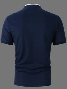 Calvornis 男士時尚刺繡鈕扣半開襟短袖 Polo 衫 - 寶藍色 - 查看 2