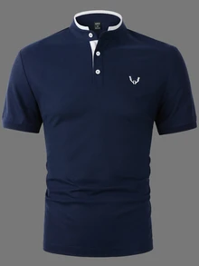 Calvornis 男士時尚刺繡鈕扣半開襟短袖 Polo 衫 - 寶藍色 - 查看 3