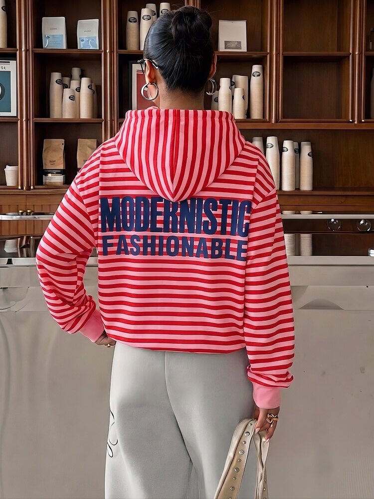 Muchica Striped Print Letter Graphic Drop Shoulder Hoodie - Multicolor - View 2