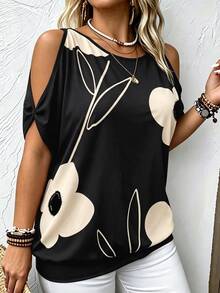 Breezaya Plus Size Vacation Style Plant Printed Open Shoulder T-Shirt For Casual Occasions Graphic Tees Women Tops - Multicolor - View 5