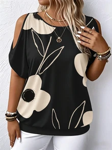 Breezaya Plus Size Vacation Style Plant Printed Open Shoulder T-Shirt For Casual Occasions Graphic Tees Women Tops - Multicolor - View 3