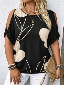 Breezaya Plus Size Vacation Style Plant Printed Open Shoulder T-Shirt For Casual Occasions Graphic Tees Women Tops - Multicolor - View 1