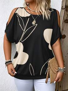 Breezaya Plus Size Vacation Style Plant Printed Open Shoulder T-Shirt For Casual Occasions Graphic Tees Women Tops - Multicolor - View 6