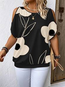 Breezaya Plus Size Vacation Style Plant Printed Open Shoulder T-Shirt For Casual Occasions Graphic Tees Women Tops - Multicolor - View 4