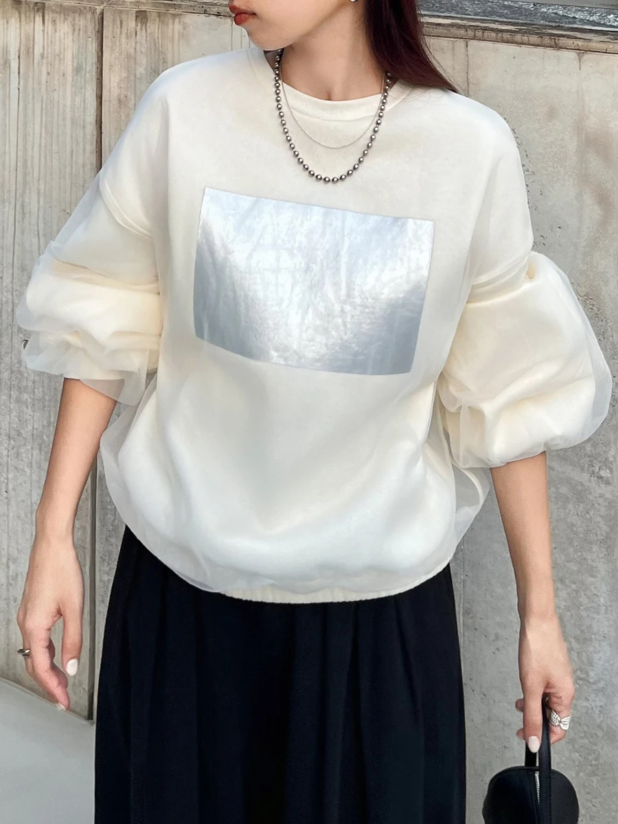 FRIFUL Women's Autumn Casual Mesh Patchwork Round Neck Sweatshirt Vacation - Apricot - View 1