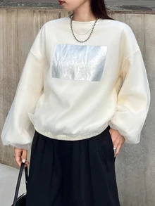 FRIFUL Women's Autumn Casual Mesh Patchwork Round Neck Sweatshirt Vacation - Apricot - View 3