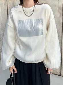 FRIFUL Women's Autumn Casual Mesh Patchwork Round Neck Sweatshirt Vacation - Apricot - View 5