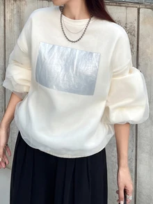 FRIFUL Women's Autumn Casual Mesh Patchwork Round Neck Sweatshirt Vacation - Apricot - View 6
