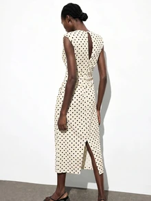 Maija Women's Polka Dot Print Ruched Sleeveless Dress - Apricot - View 8