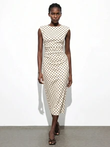 Maija Women's Polka Dot Print Ruched Sleeveless Dress - Apricot - View 3