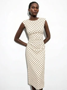 Maija Women's Polka Dot Print Ruched Sleeveless Dress - Apricot - View 6