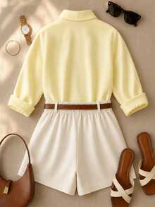 GlowEve CURVE Plus Size Women's Casual Vacation Style Light Yellow Button-Up Shirt And Light Peach Loose Shorts 2-Piece Set Fall - Multicolor - View 2