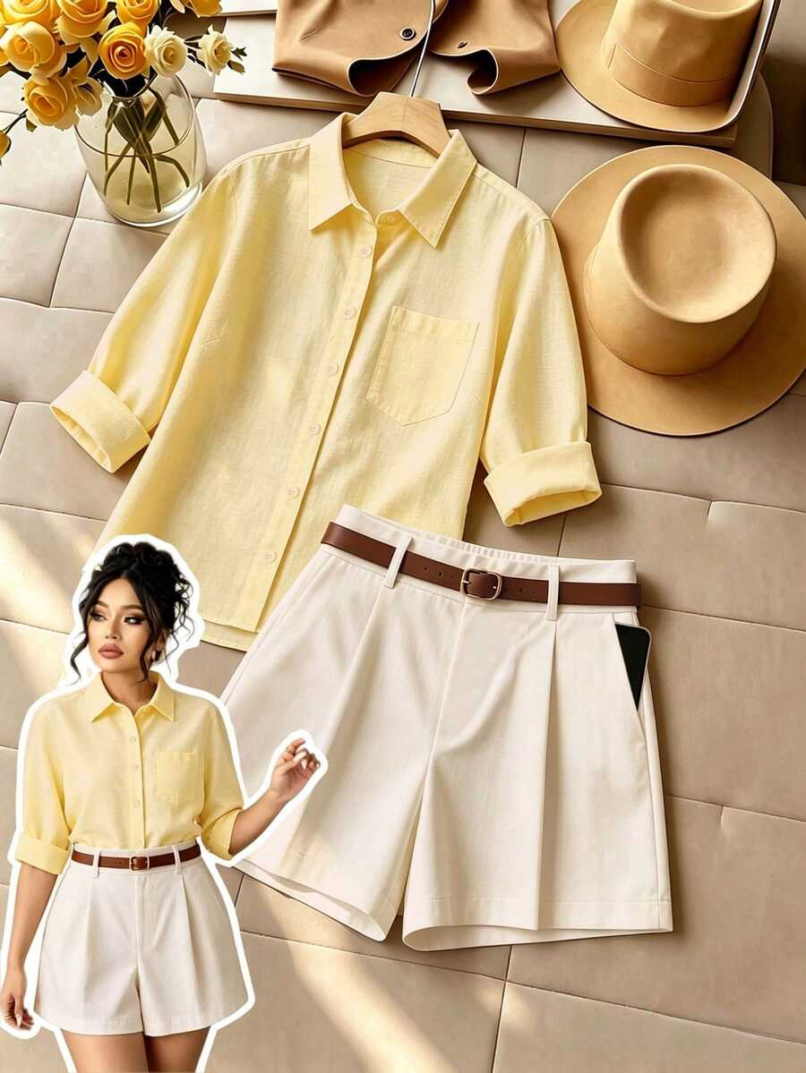 GlowEve CURVE Plus Size Women's Casual Vacation Style Light Yellow Button-Up Shirt And Light Peach Loose Shorts 2-Piece Set Fall - Multicolor - View 1