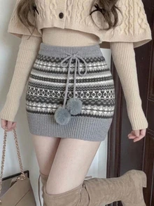 DAZY Brown Jacquard Knit Skirt Women Autumn/Winter Fair Isle Vintage Pom Pom Drawstring Design High Waist A-Line Mini Skirt - Grey - View 8
