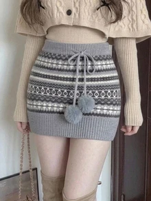 DAZY Brown Jacquard Knit Skirt Women Autumn/Winter Fair Isle Vintage Pom Pom Drawstring Design High Waist A-Line Mini Skirt - Grey - View 6