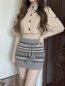 DAZY Brown Jacquard Knit Skirt Women Autumn/Winter Fair Isle Vintage Pom Pom Drawstring Design High Waist A-Line Mini Skirt - Grey - View 5