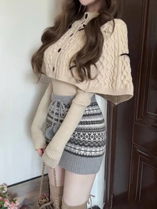DAZY Brown Jacquard Knit Skirt Women Autumn/Winter Fair Isle Vintage Pom Pom Drawstring Design High Waist A-Line Mini Skirt - Grey - View 7