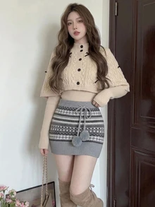 DAZY Brown Jacquard Knit Skirt Women Autumn/Winter Fair Isle Vintage Pom Pom Drawstring Design High Waist A-Line Mini Skirt - Grey - View 4
