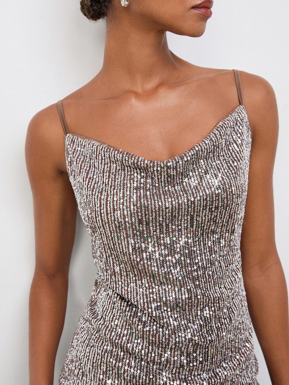 SHEIN Maija Coffee Brown Sequin Backless Women's Tank Top, Urban Elegant Party Holiday Fall/Winter Elegant Sexy Halloween Festival Wedding