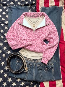 SHEIN EZwear 粉色多巴胺豹紋半拉鍊運動衫，棕色調，秋季休閒街頭風，適合多種場合，Y2K復古風格，返校季秋冬上衣 - 彩色 - 查看 6