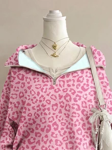 SHEIN EZwear 粉色多巴胺豹紋半拉鍊運動衫，棕色調，秋季休閒街頭風，適合多種場合，Y2K復古風格，返校季秋冬上衣 - 彩色 - 查看 4