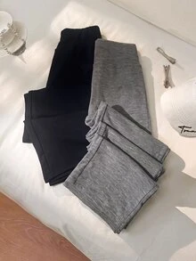 SHEIN 青少年女孩休閒百搭日常寬腰直筒運動長褲 2件組，秋冬款 - 彩色 - 查看 3
