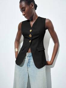 MAIJA Casual Double Breasted Solid Colour Long Sleeve Blazer - Black - View 4