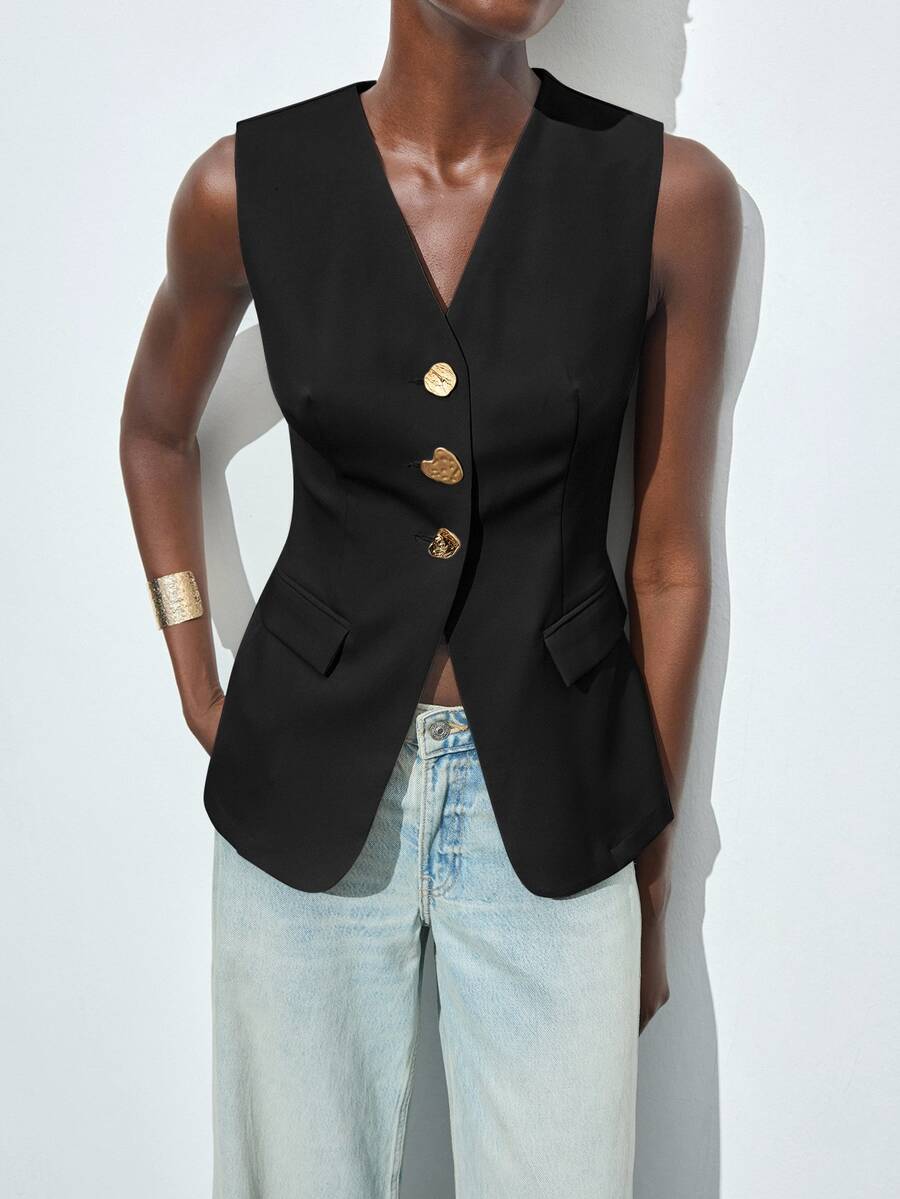 MAIJA Casual Double Breasted Solid Colour Long Sleeve Blazer - Black - View 1