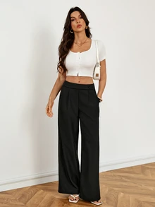 SHEIN Tall 女款簡約鈕扣百褶口袋西裝長褲，適合商務辦公 - 黑色 - 查看 5