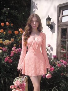 SHEIN MOD 女款蕾絲V領長袖上衣與細肩帶洋裝時尚兩件套 - 粉色 - 查看 10