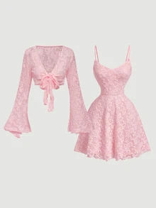 SHEIN MOD 女款蕾絲V領長袖上衣與細肩帶洋裝時尚兩件套 - 粉色 - 查看 9