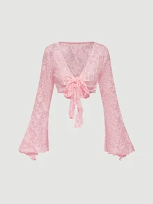 SHEIN MOD 女款蕾絲V領長袖上衣與細肩帶洋裝時尚兩件套 - 粉色 - 查看 8