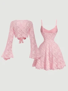 SHEIN MOD 女款蕾絲V領長袖上衣與細肩帶洋裝時尚兩件套 - 粉色 - 查看 2