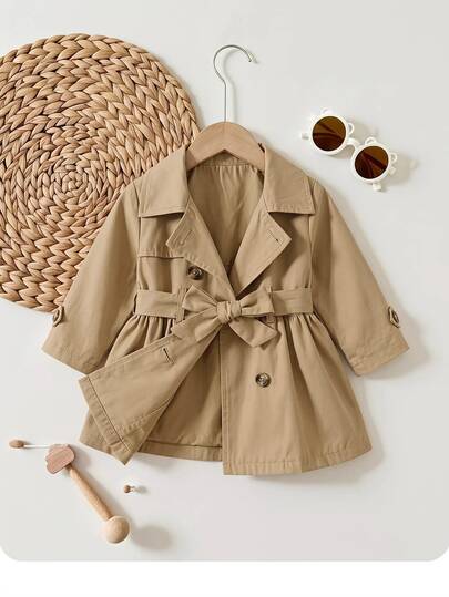 SHEIN Babygirl Cute Casual Versatile Khaki Long Sleeve Trench Autumn Coat Jacket
