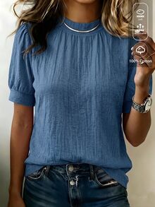 SHEIN 女款素色立領休閒百搭日常穿著襯衫 - 藍色 - 查看 2