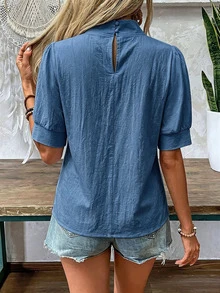 SHEIN 女款素色立領休閒百搭日常穿著襯衫 - 藍色 - 查看 3