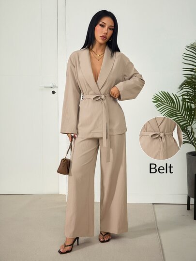 SHEIN PETITE Women's Solid Color Waist Knot Top And Long Pants Casual Daily 2 Pieces Set