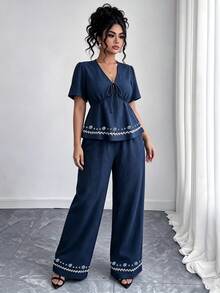 GlowEve CURVE Plus Size Navy Blue Printed Tie-Front Top & Wide Leg Pants 2 Pieces Set - Navy Blue - View 5