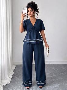GlowEve CURVE Plus Size Navy Blue Printed Tie-Front Top & Wide Leg Pants 2 Pieces Set - Navy Blue - View 6